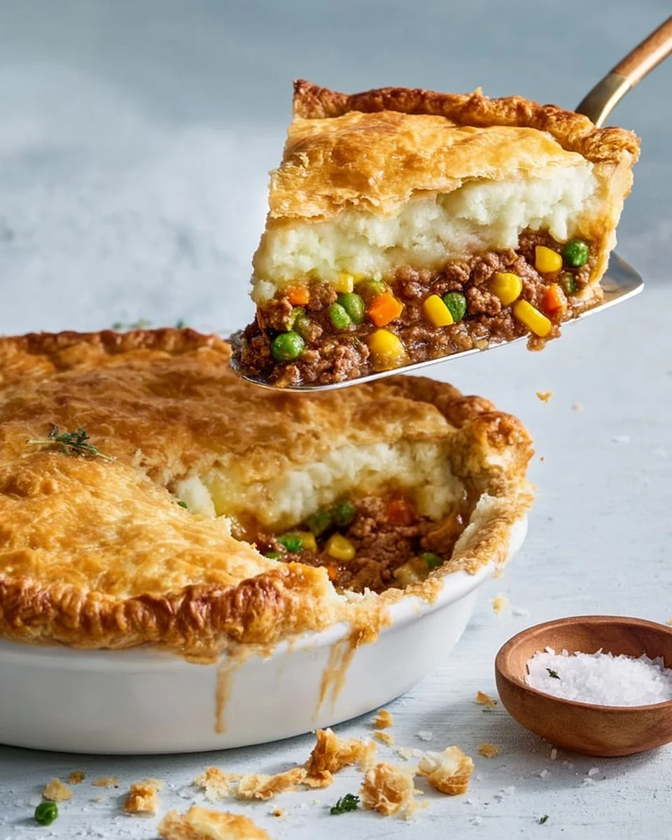 Delicious Shepherd's Pot Pie served hot, showcasing a flaky crust and savory filling.