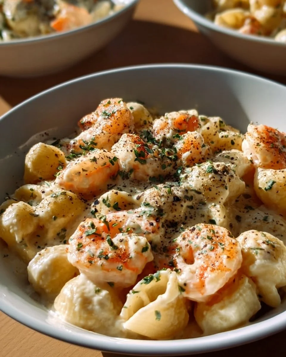 Shrimp Pasta in Boursin Cheese Sauce 1 Creamy Shrimp Pasta in Boursin Cheese Sauce served in a bowl