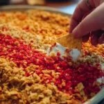 Spicy Pickle Dip with Hot Cheetos served in a bowl