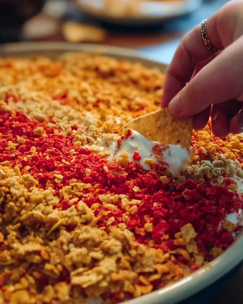 Spicy Pickle Dip with Hot Cheetos 1 Spicy Pickle Dip with Hot Cheetos served in a bowl