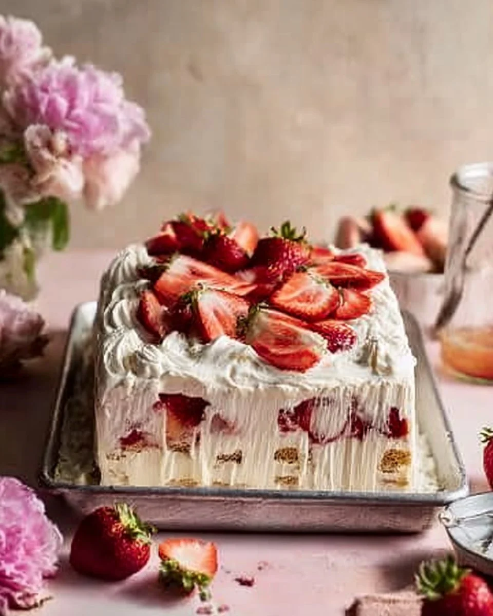 Strawberry Ice Cream Cake Recipe 1 Delicious homemade strawberry ice cream cake with fresh strawberries and whipped cream