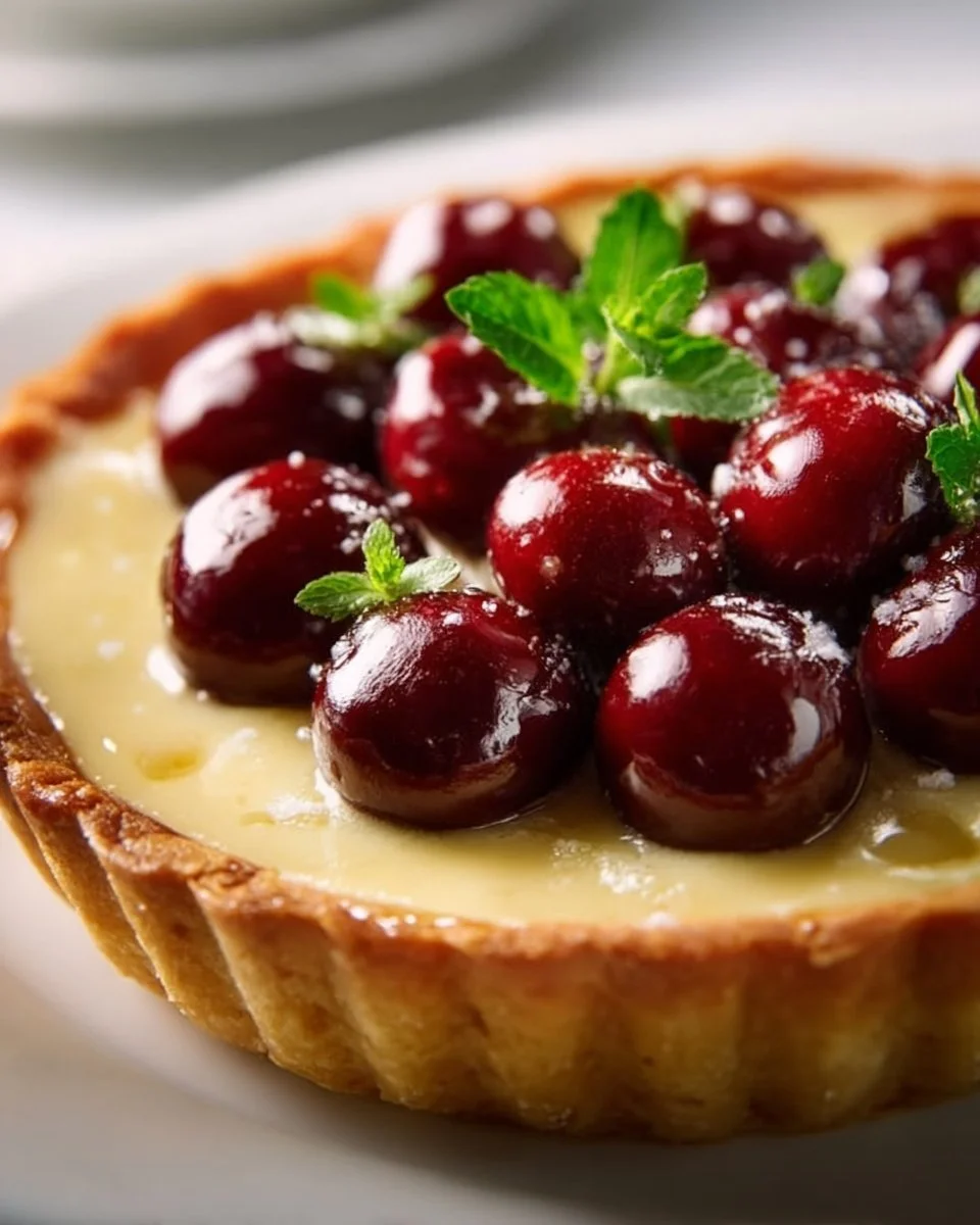 Delicious vanilla cherry custard pie sliced on a plate