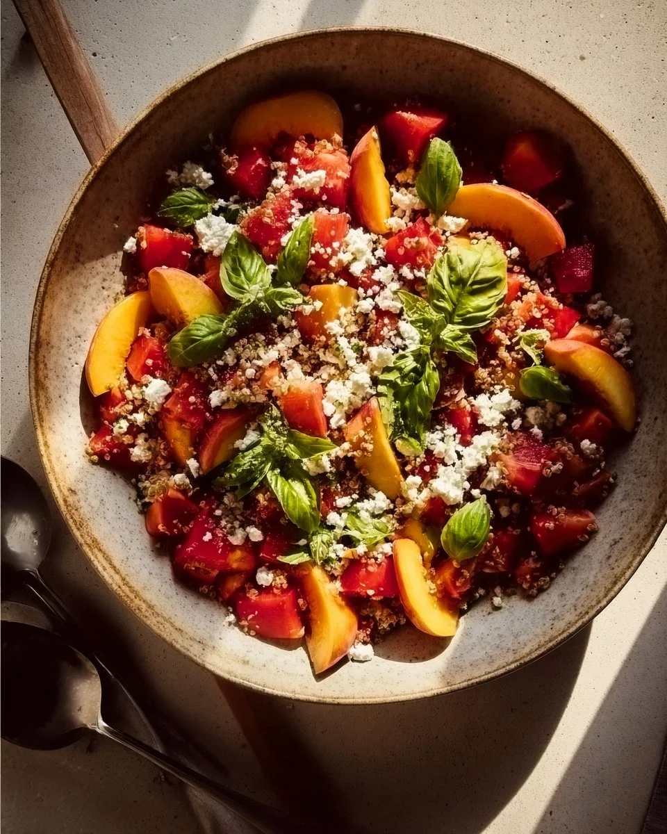A vibrant Watermelon Peach Salad featuring fresh fruits in a bowl