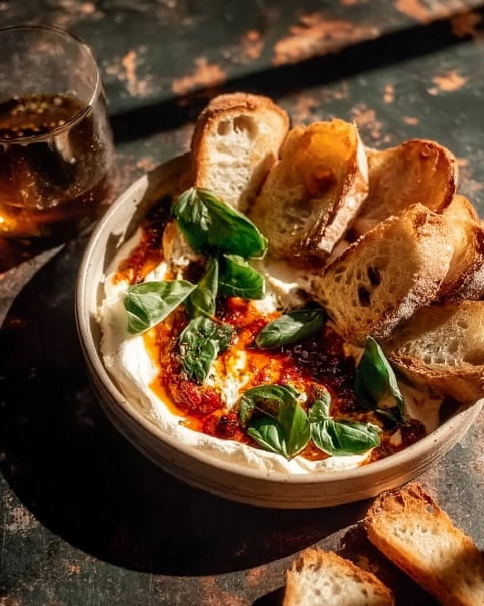 Creamy whipped goat cheese dip topped with Calabrian chile oil in a serving bowl.