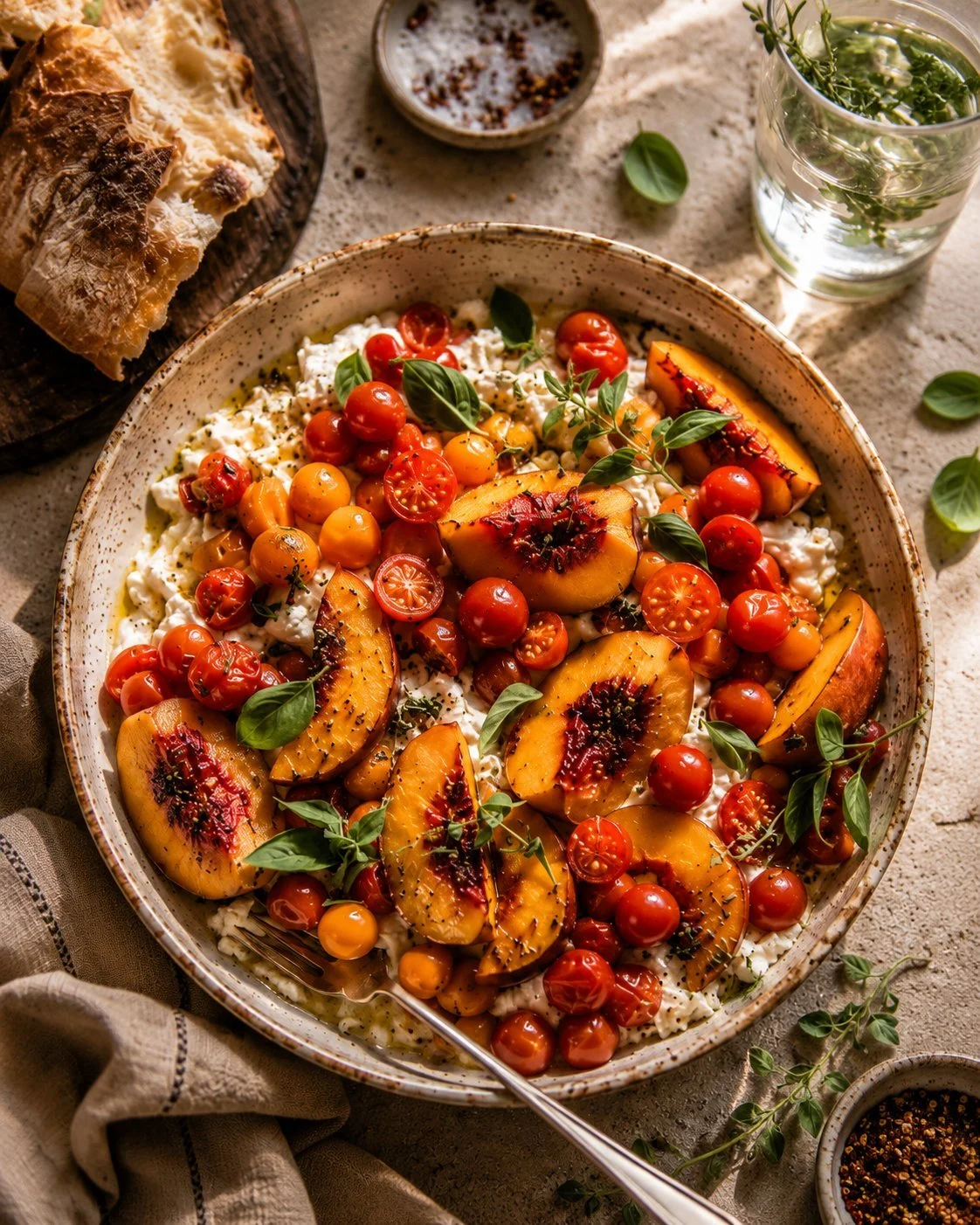 Caprese salad with fresh tomatoes and peaches
