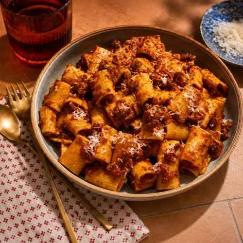 Delicious charcuterie pasta dish with meats and cheeses