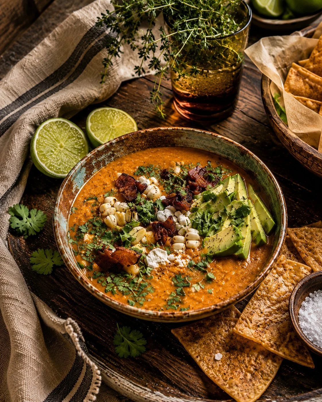 Bowl of Chipotle Queso Chicken Corn Chowder garnished with cilantro