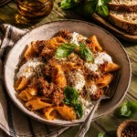 Crockpot Brown Butter Tomato Ricotta Pasta garnished with fresh herbs.