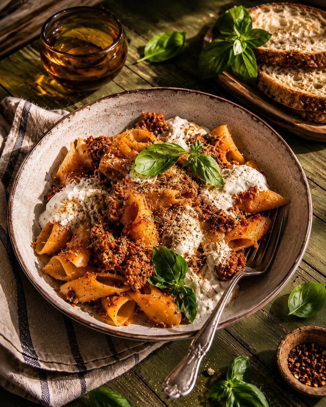 Crockpot Brown Butter Tomato Ricotta Pasta garnished with fresh herbs.
