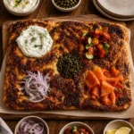 Colorful focaccia bagel board with assorted toppings and garnishes for a brunch spread.