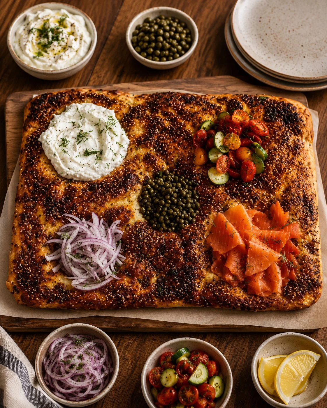 Colorful focaccia bagel board with assorted toppings and garnishes for a brunch spread.