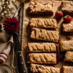 Delicious frosted strawberry brown sugar bars on a plate.