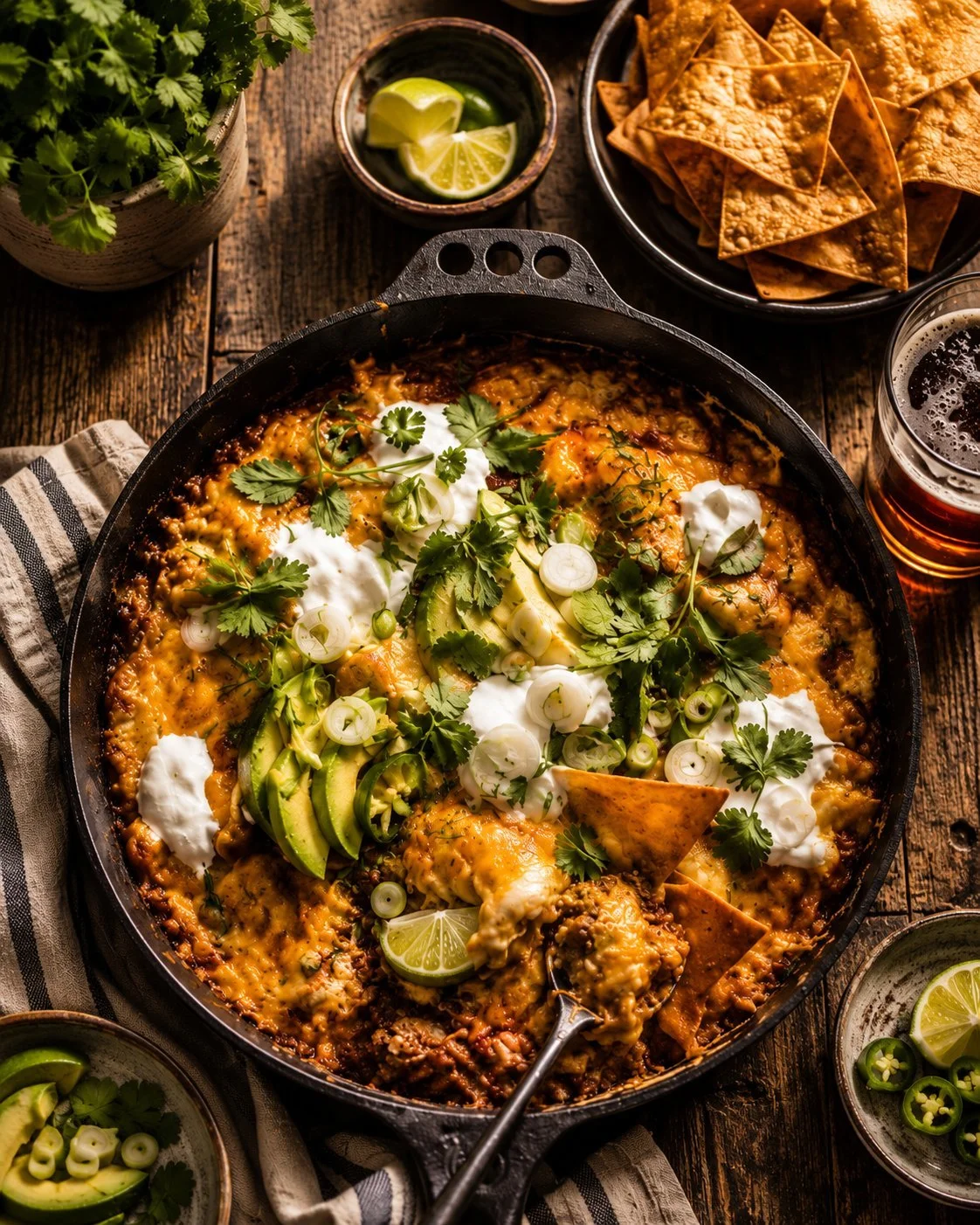 Delicious Mexican skillet tomatillo chicken served with rice and garnished with herbs.