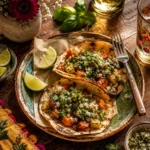 Delicious Minute Al Pastor Tacos with fresh smashed avocado served on a plate.