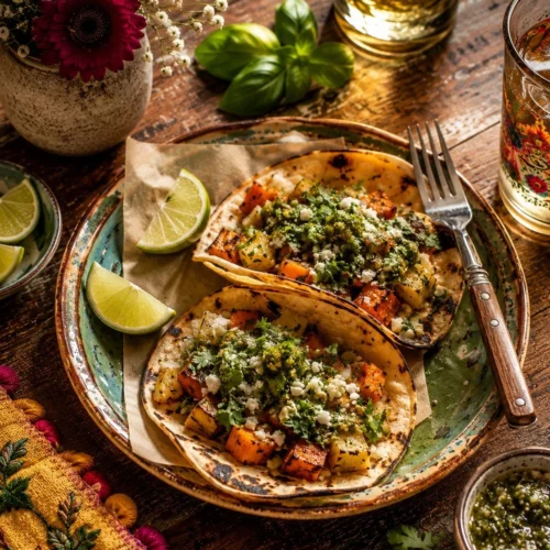 Minute Al Pastor Tacos with Smashed Avocado 2 Delicious Minute Al Pastor Tacos with fresh smashed avocado served on a plate.