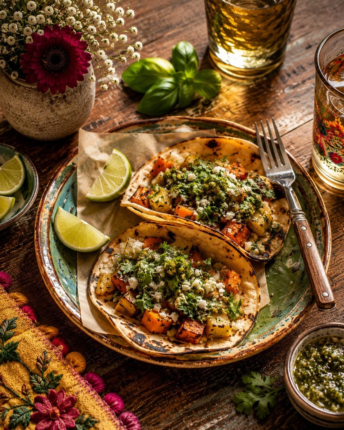 Delicious Minute Al Pastor Tacos with fresh smashed avocado served on a plate.