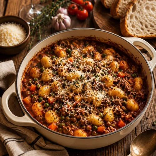 One-Pan Gnocchi Shepherd's Pie served in a rustic dish