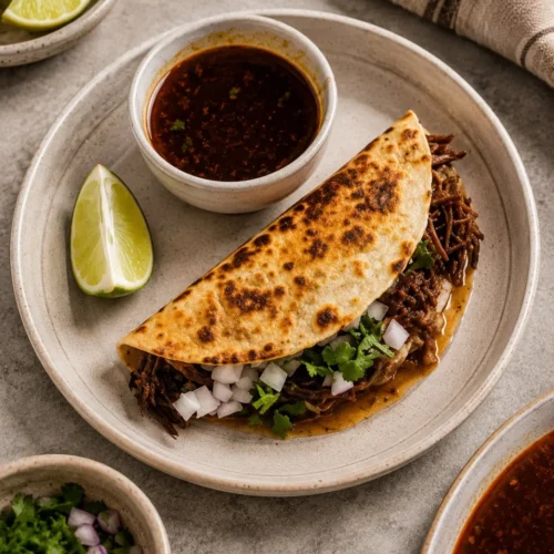Delicious quesabirria tacos served with consomé for dipping.