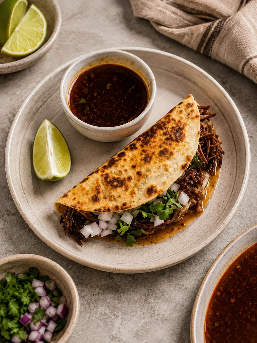 Delicious quesabirria tacos served with consomé for dipping.