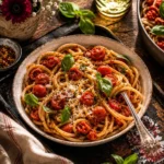 Skillet cherry tomato pasta with white wine garlic sauce in a bowl