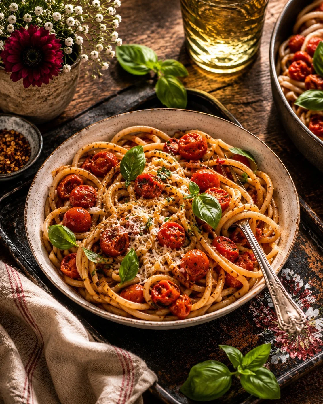 Skillet cherry tomato pasta with white wine garlic sauce in a bowl