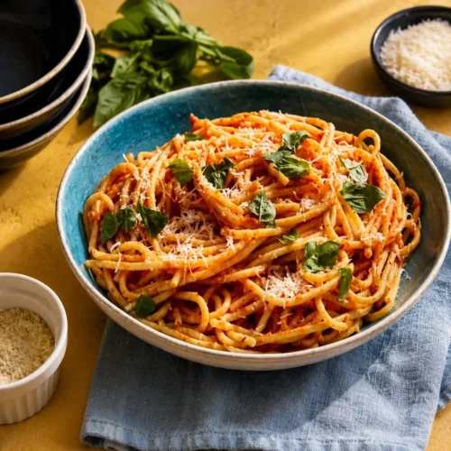 Tomato Butter Pasta Recipe 2 Plate of Tomato Butter Pasta garnished with fresh herbs and cheese