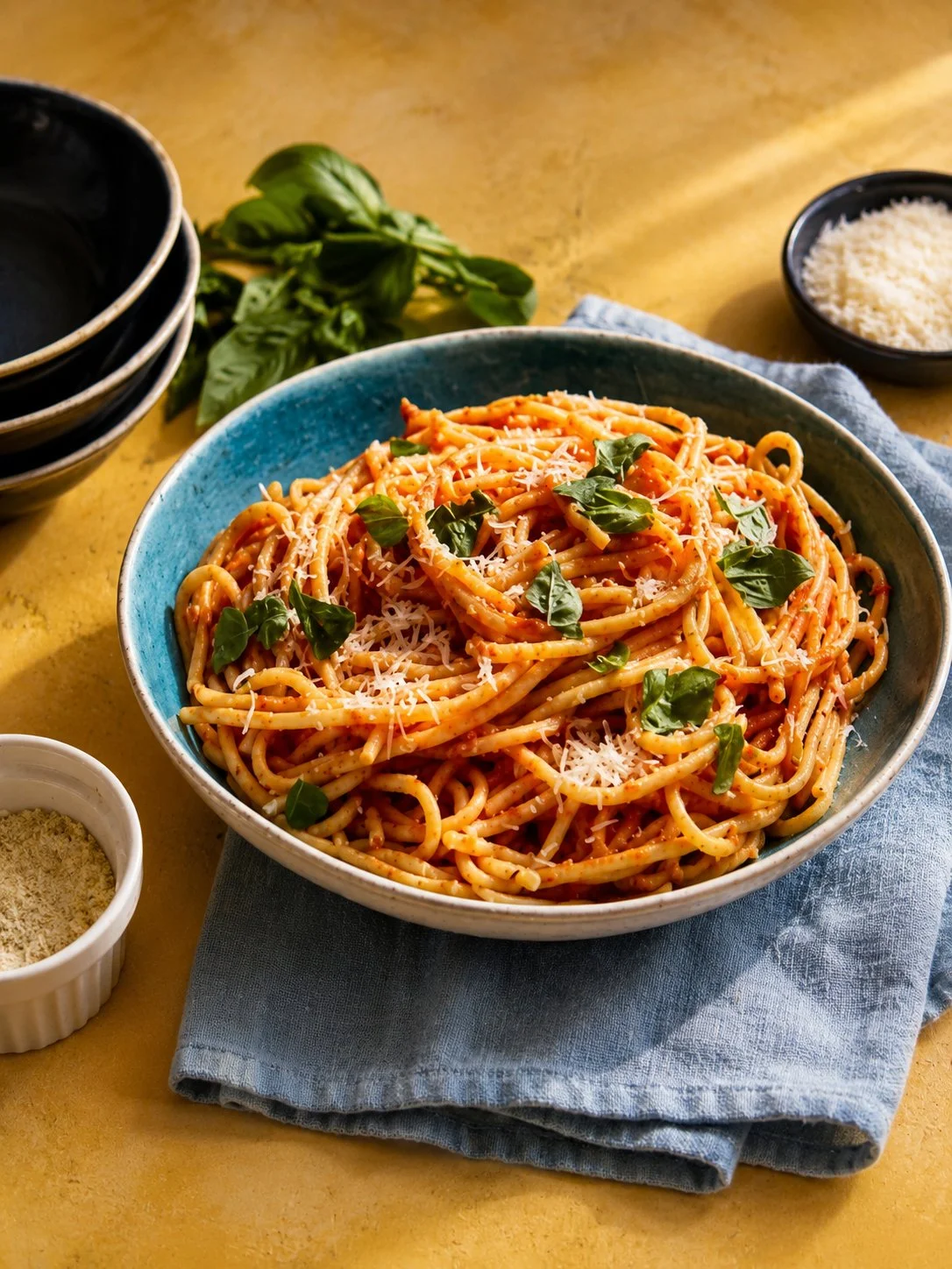 Plate of Tomato Butter Pasta garnished with fresh herbs and cheese