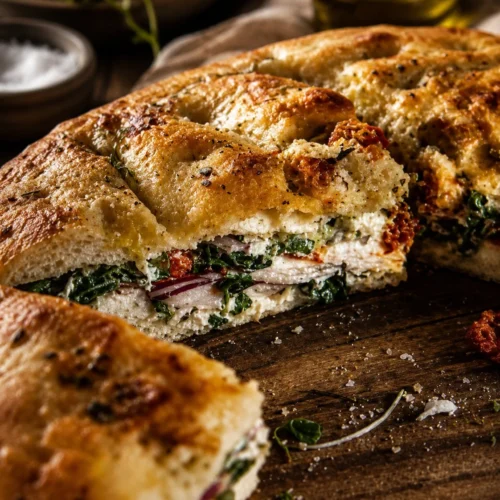 Trader Joe's Sun-Dried Tomato Focaccia Turkey Sandwich 2 Trader Joe's Sun-Dried Tomato Focaccia Turkey Sandwich on a wooden table