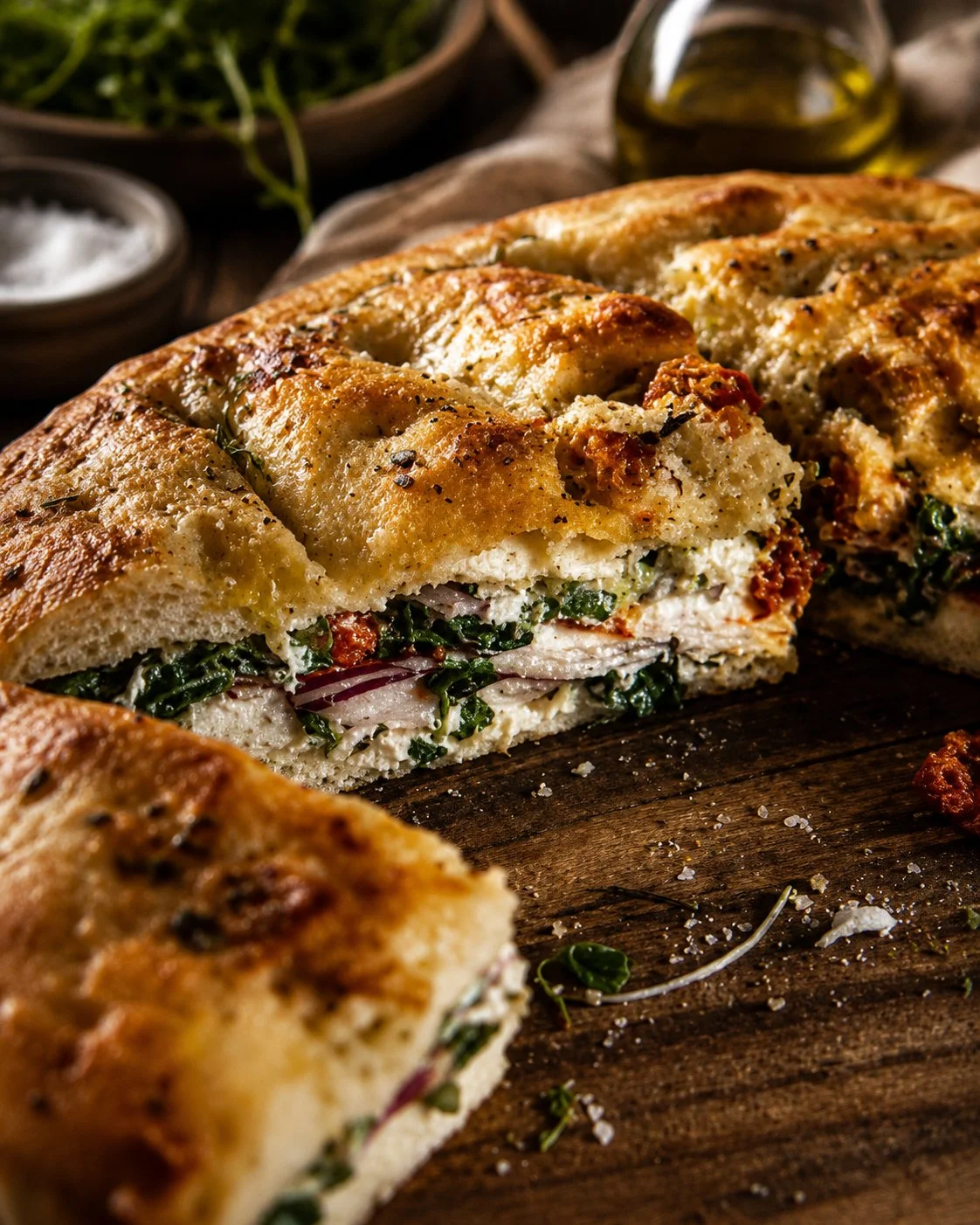Trader Joe's Sun-Dried Tomato Focaccia Turkey Sandwich on a wooden table