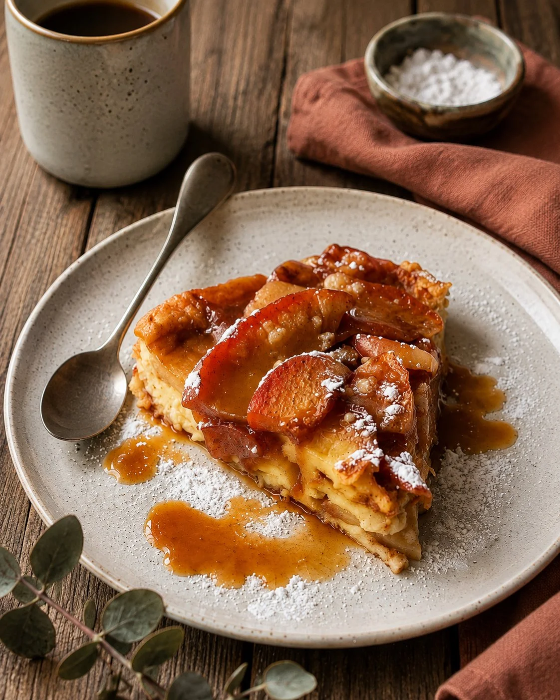 Delicious baked apple pancake served with apple cider syrup