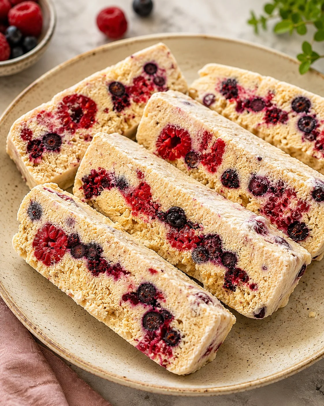 Berry-filled frozen yogurt bars with fresh fruits and yogurt in a cool treat