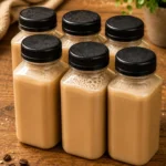 Delicious chocolate protein shake in a glass with chocolate pieces and a scoop.