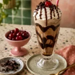 A refreshing Cola Ice Cream Float topped with ice cream in a glass.