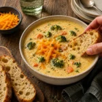 Bowl of creamy broccoli cheese soup with melted cheese and fresh broccoli