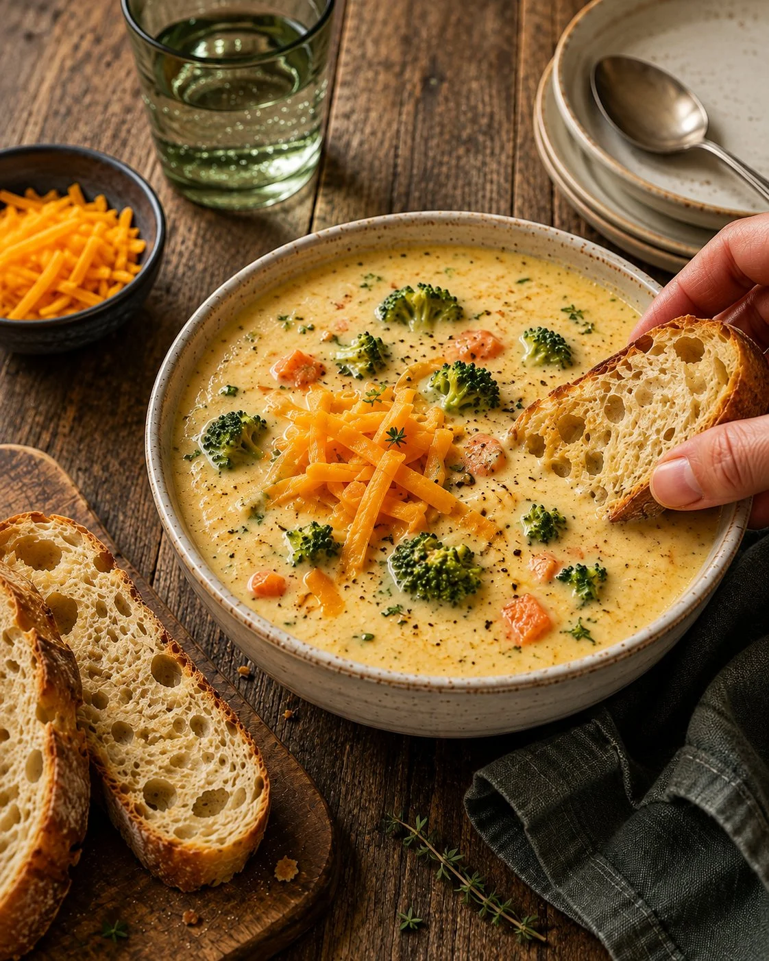 Bowl of creamy broccoli cheese soup with melted cheese and fresh broccoli
