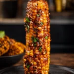 Delicious Creole Corn Ribs topped with a sticky glaze on a white plate.