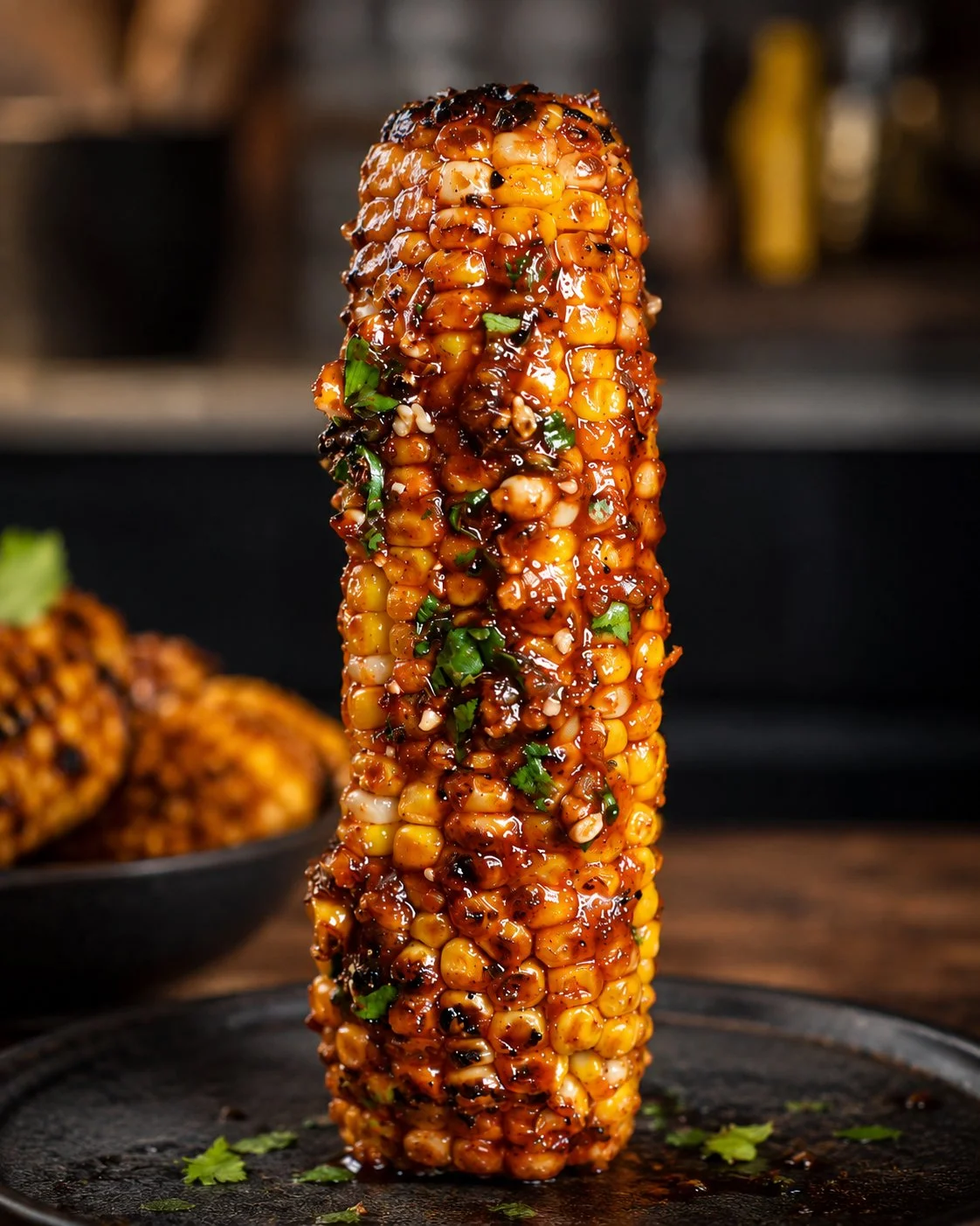 Delicious Creole Corn Ribs topped with a sticky glaze on a white plate.