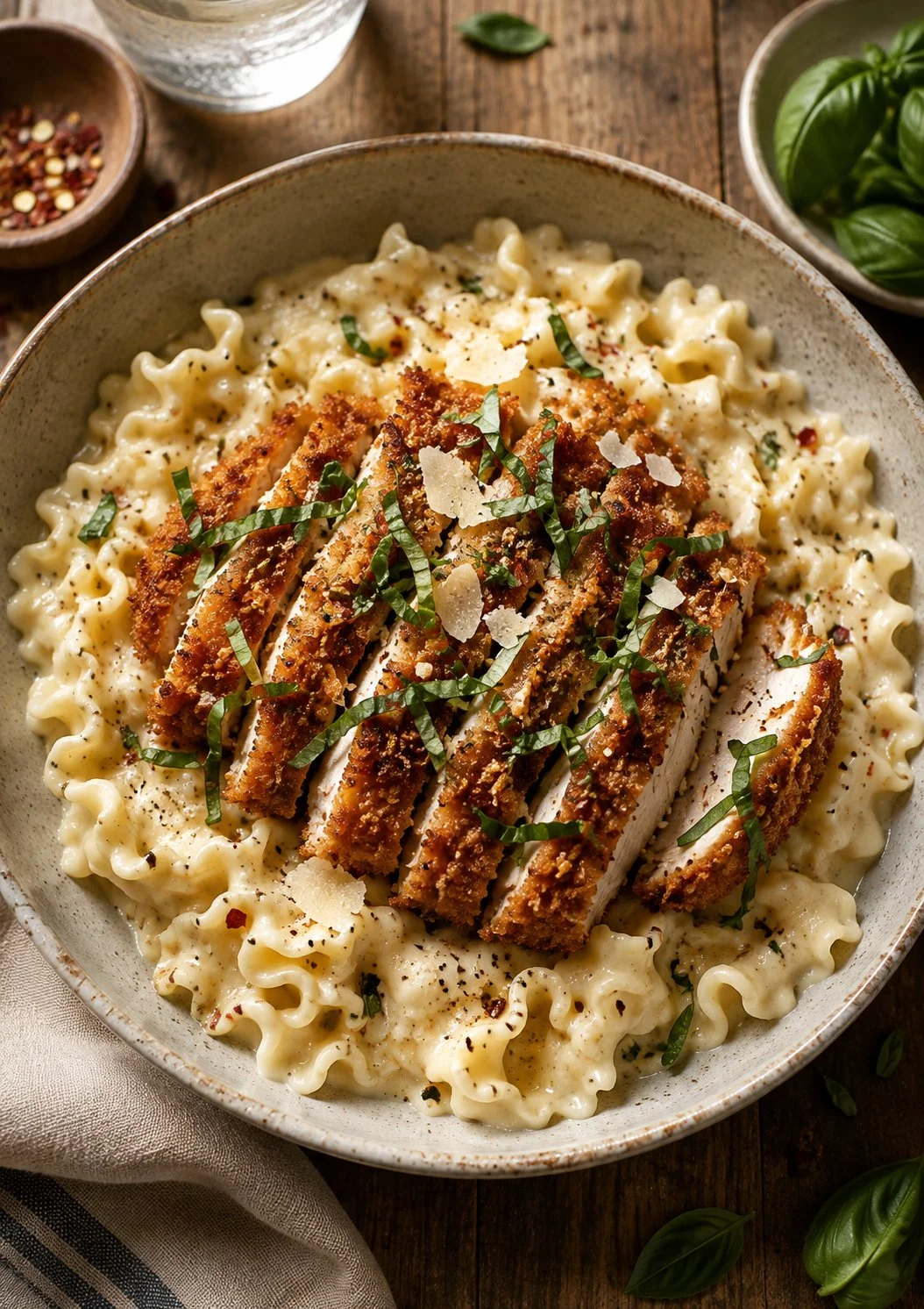 Crispy Parmesan Chicken served with lemony pasta, a delicious dinner recipe