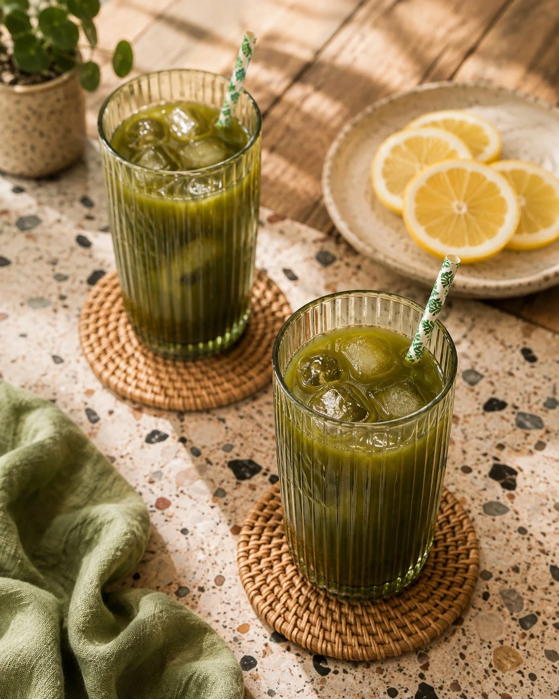 Refreshing green tea matcha lemonade in a glass with lemon slices