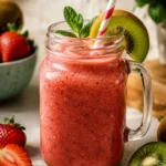 Delicious kiwi strawberry slushie in a glass with fresh fruit garnishes