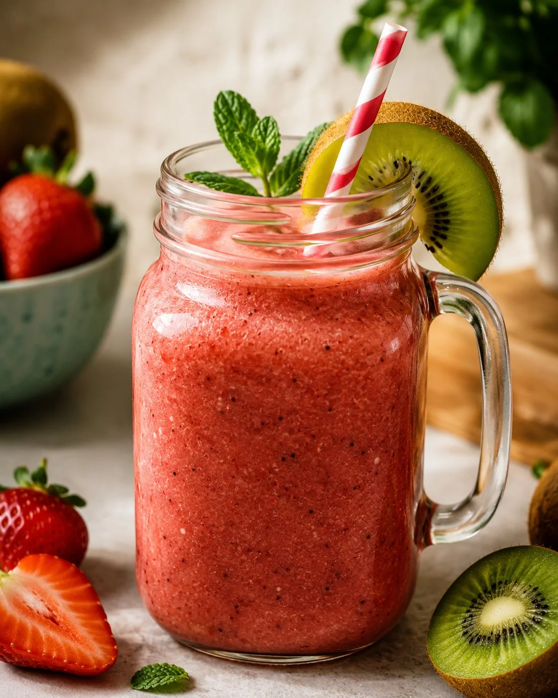 Delicious kiwi strawberry slushie in a glass with fresh fruit garnishes