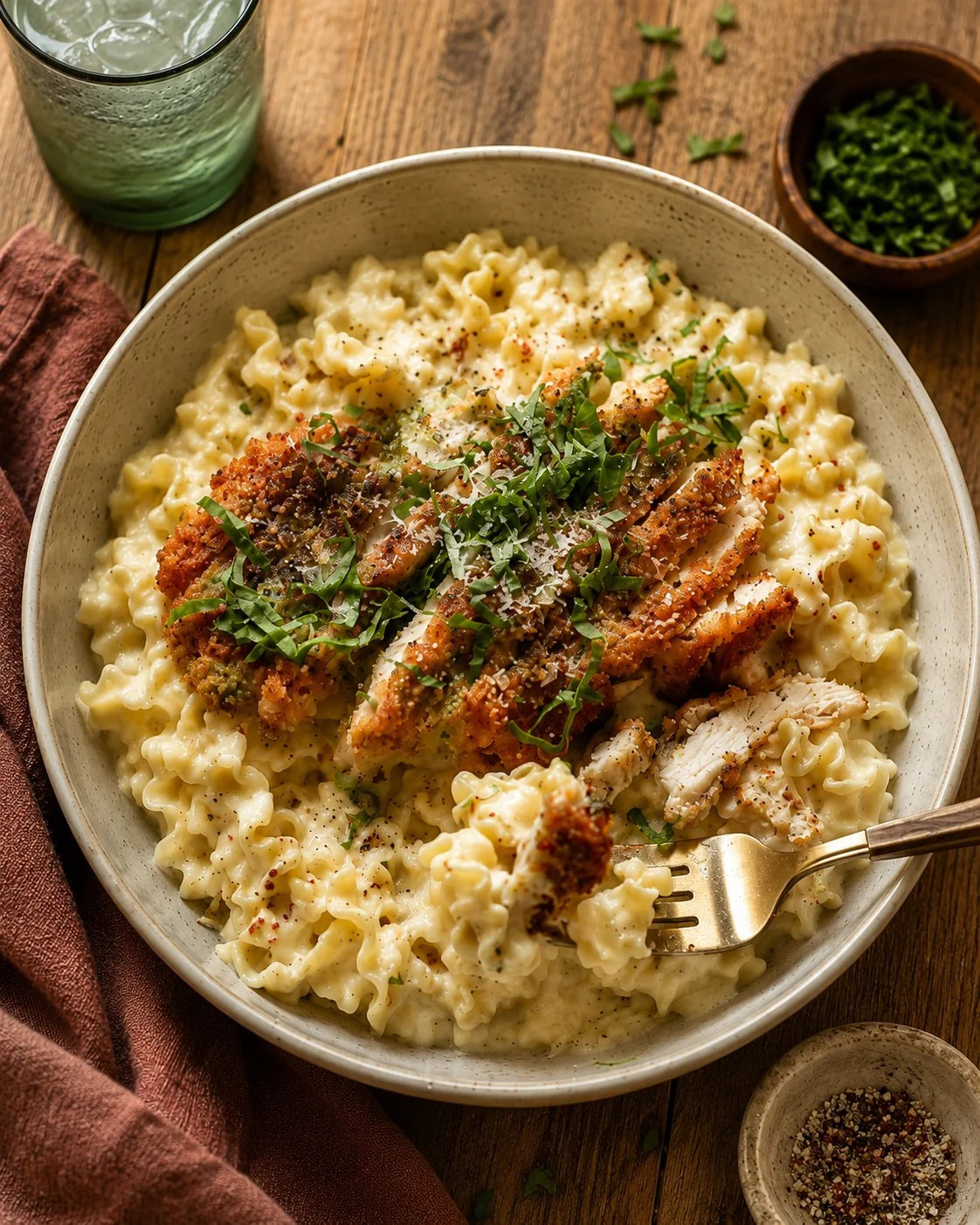 Parmesan-Crusted Chicken served with lemon pasta on a plate