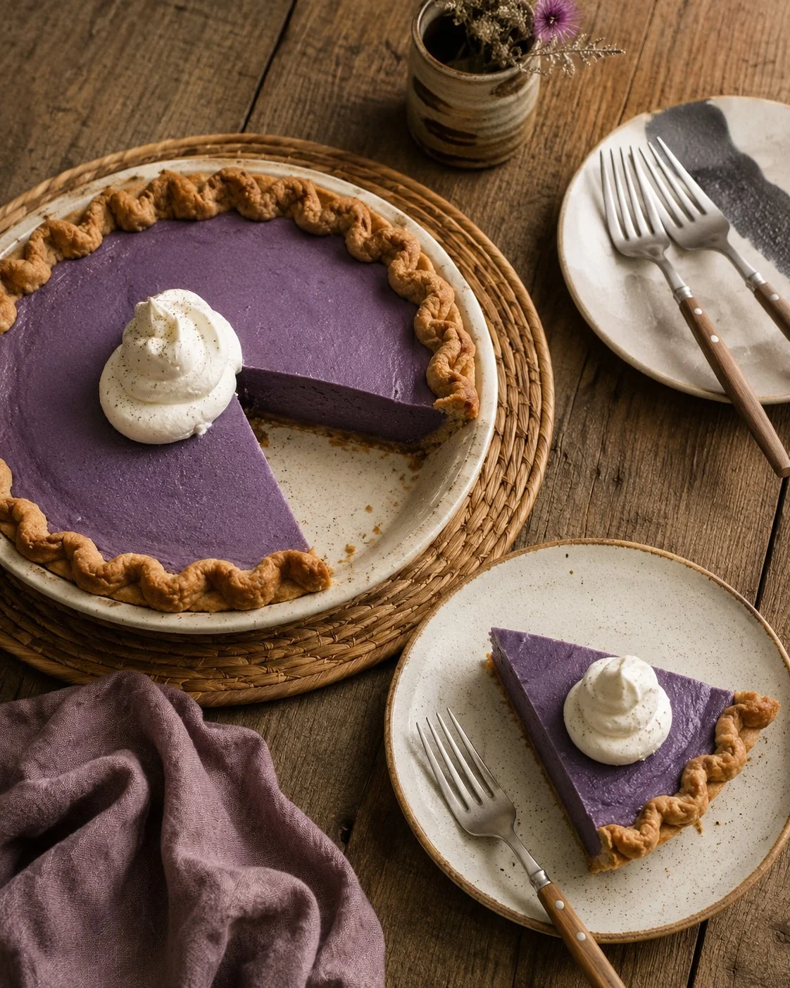 Slice of purple sweet potato pie on a decorative plate