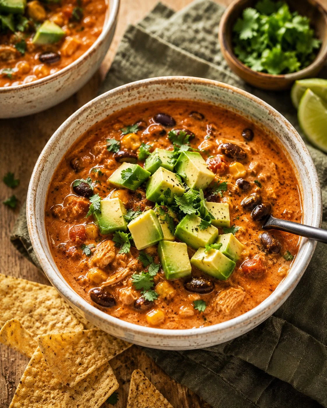 Bowl of creamy queso chicken chili topped with cheese and cilantro
