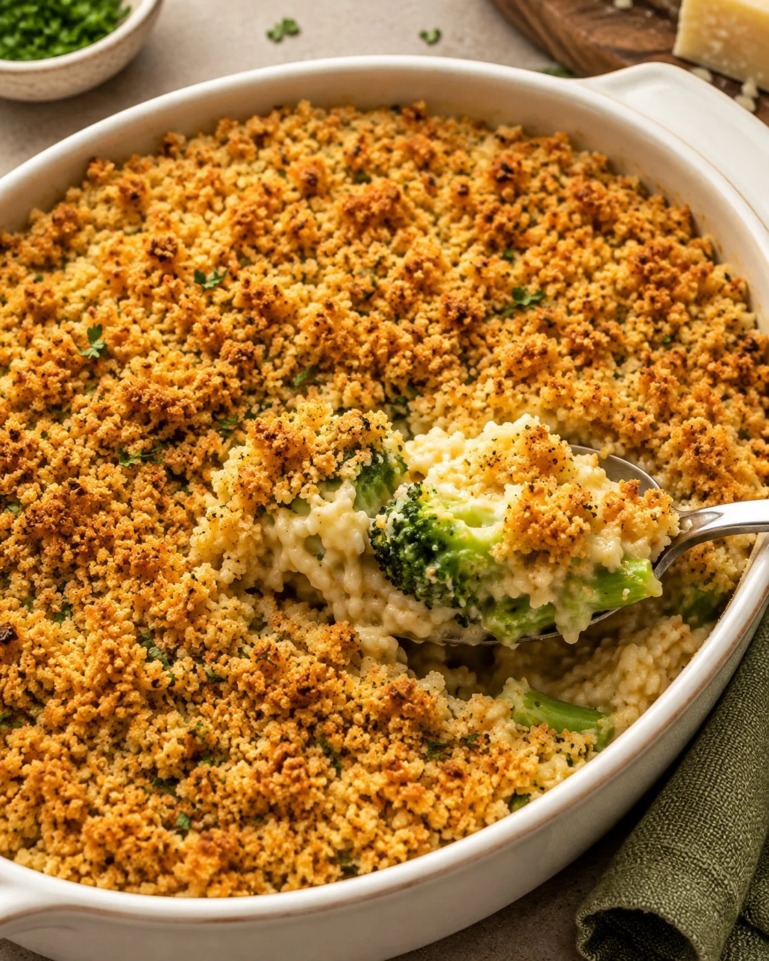 Spicy broccoli casserole topped with melted cheese and herbs