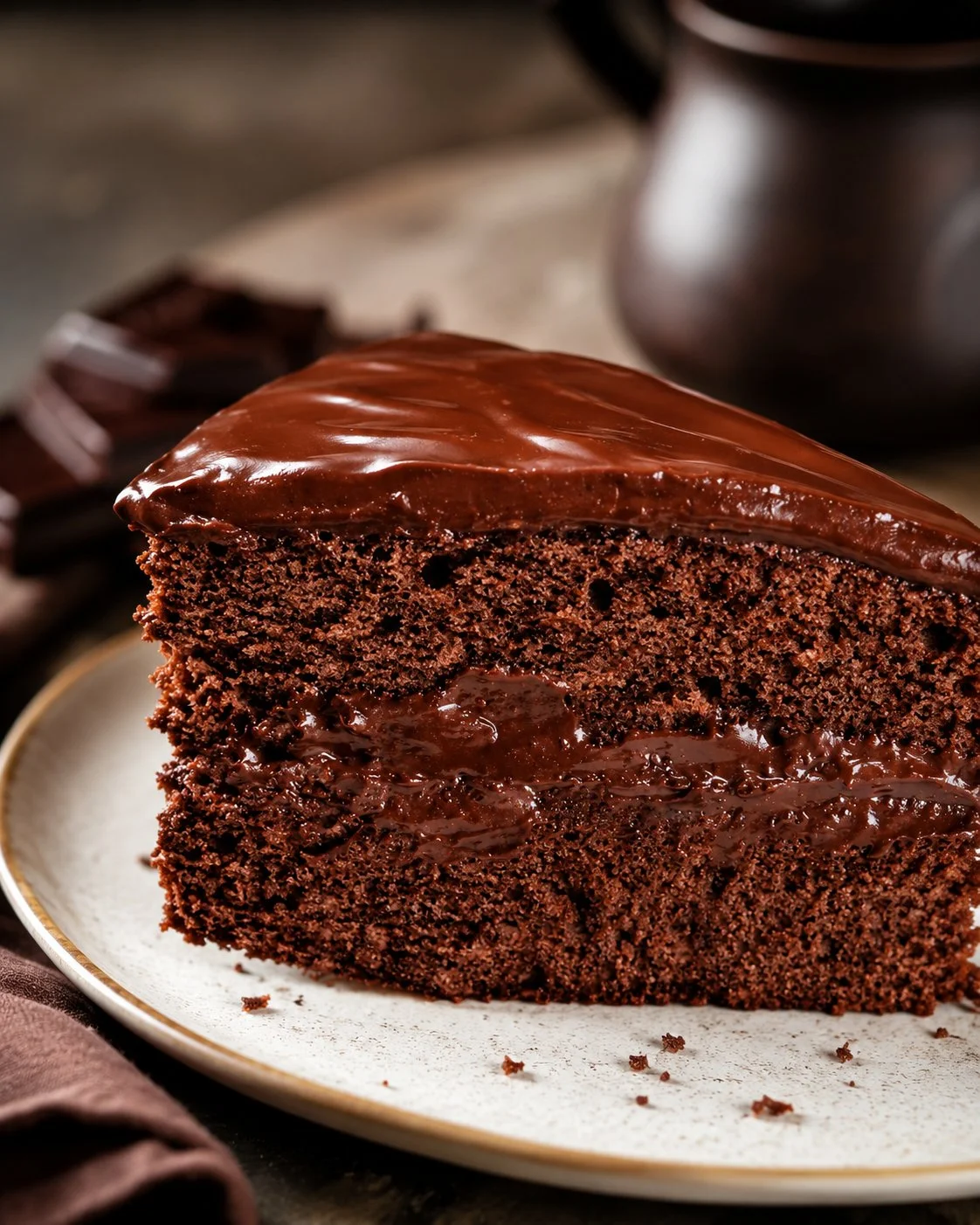 Delicious vegan chocolate cake topped with chocolate frosting and fresh berries.