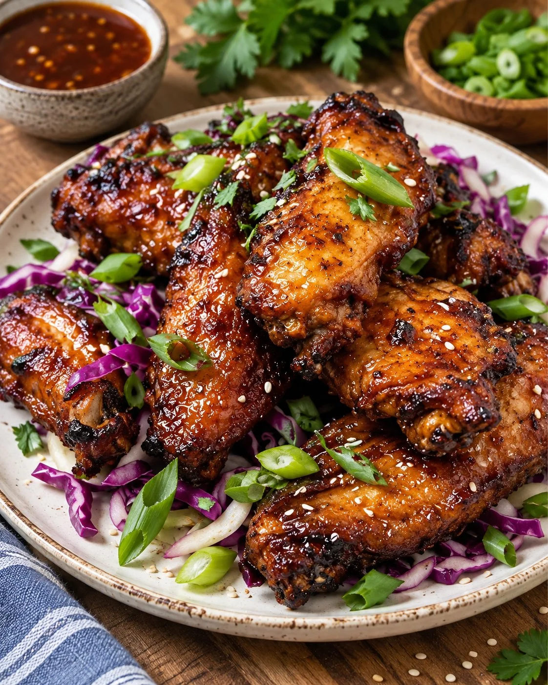Crispy air fryer Korean fried chicken wings served with dipping sauce