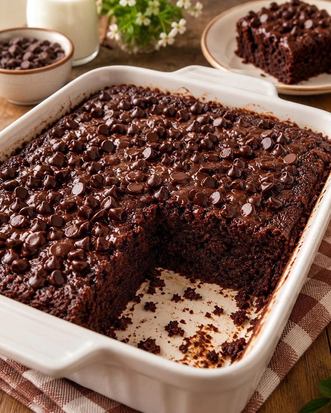 Delicious easy chocolate dump cake topped with chocolate sauce and whipped cream