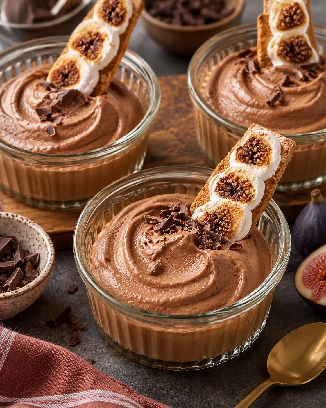 Delicious easy S’mores chocolate mousse topped with marshmallows and graham crackers.