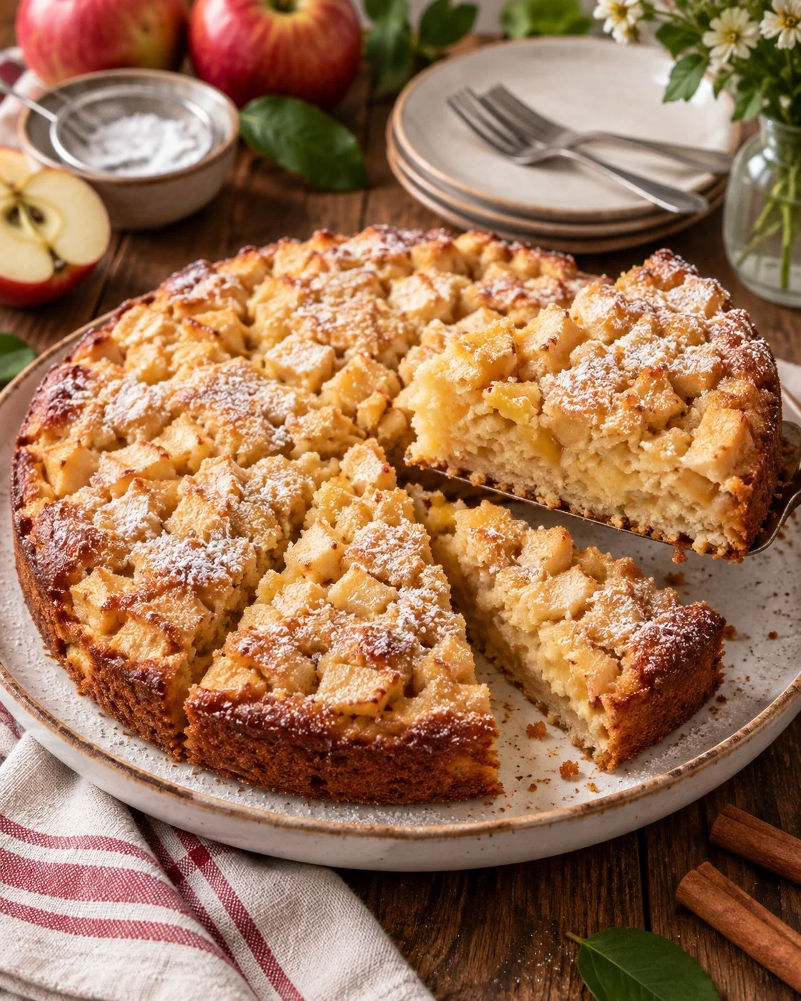 Homemade French apple cake served on a plate with a slice cut out.